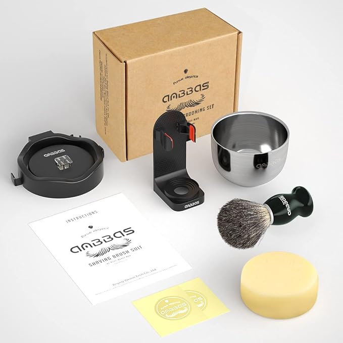 Anbbas Pure Badger Hair Shaving Brush and Bowl with Black ABS Wall Mounted Holder Stands for Lathering Bowl and Brush,3.5 oz Shaving Soap Refill,5in1 Set for Men Wet Shave