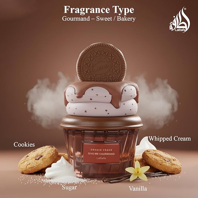 Lattafa Cookie Crave Eau de Parfum, Give me Gourmand Collection, 75ml Spray, Sweet Vanilla Cookie Scent, Cocoa Butter and Sugar Notes