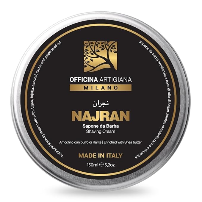 Officina Artigiana Milano Najran Shaving Soap 150ml – Luxury Italian artisan wet shaving soap with 46% wellness oils & shea butter – woody‑smoky fragrance – vegan skincare