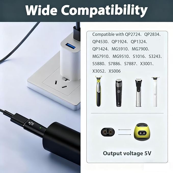 2 PCS 5V USB C Shaver Charger Adapter Compatible with Philips Norelco OneBlade QP2724 QP2834 QP4530 QP1924 QP1324 MG7910 MG9510 S5880 X3001 X5006 Series, Portable Type-C Shaver Charger Plug for Travel