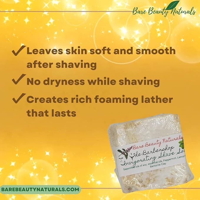 100% Natural The Barbershop Shaving Soap/Hydrating/Luxury/Gentle formula/Free Exfoliating soap bag/Peppermint Lemon Balm Bentonite Clay // Plant-Based // Various Soap Cut Sizes