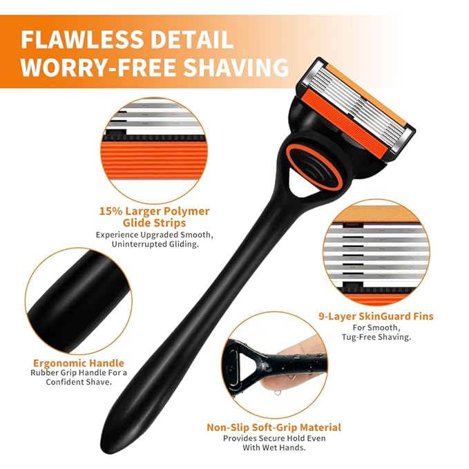Men’s Cartridge Razors with 4 Replacement Cartridges,Pivoting Head, 6 Flex Stainless Steel Blades & Lubrication Strip for Smooth Shaving - Precision Engineered for Daily Use and Travel