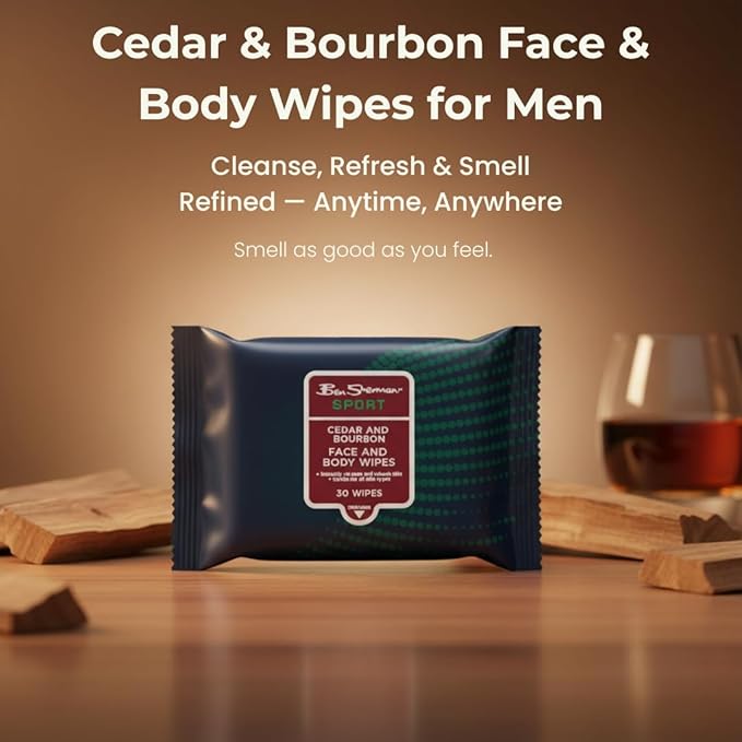Ben Sherman Men's Face Wipes - 4 Pack (120 Total) Cleansing Wipes for Men with Cedar & Bourban, Eucalyptus, Tea Tree & Sandalwood