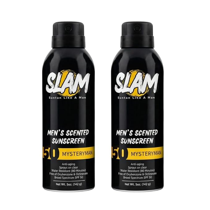 SLAM MysteryMan Men's Scented Sunscreen Spray SPF 50 – Broad Spectrum Sun Screen Spray for Face & Body, Water Resistant & Sweat Resistant Sunscreen, UVA/UVB Protection, Sunblock for Men 2 pack