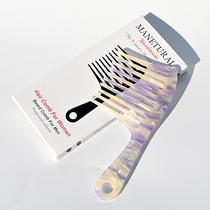 D1 | wide tooth comb 7.4"for easy portability. Suitable for Women's/girl curly, curly and tight hair, the short handle design is easy to carry. Acetate comb (White Purple C)