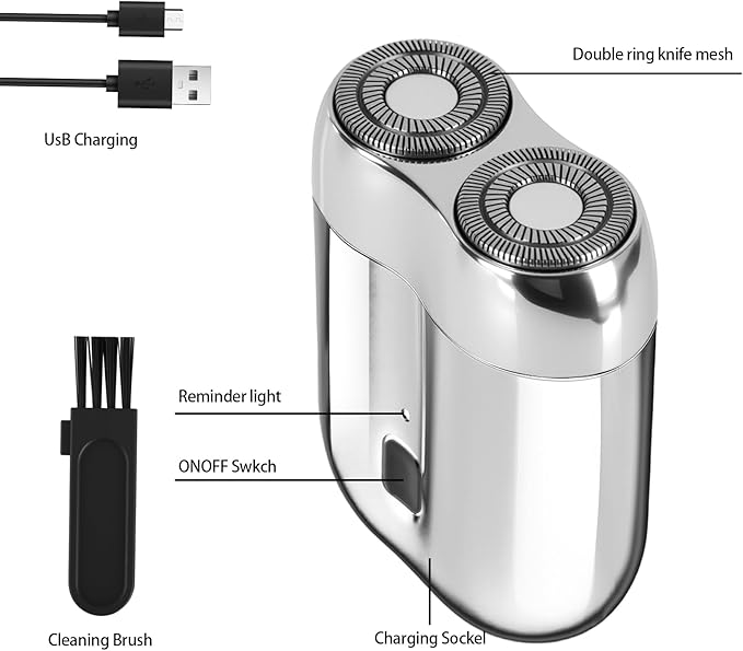 Mini Electric Shaver for Men Women, Pocket Dual Head Shaver, Rechargeable Waterproof Compact Travel Electric Razor, USB Close Battery Portable Razor for car, Travel, Office, Home use (Silver)