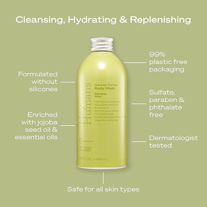 Hey Humans Banana Aloe Moisturizing Body Wash with Natural Ingredients & Jojoba Oil | Clean, Vegan, Sulfate Free Bath & Body Wash for Women & Men | Recyclable Bottle, 14 fl. oz. - Pack of 3