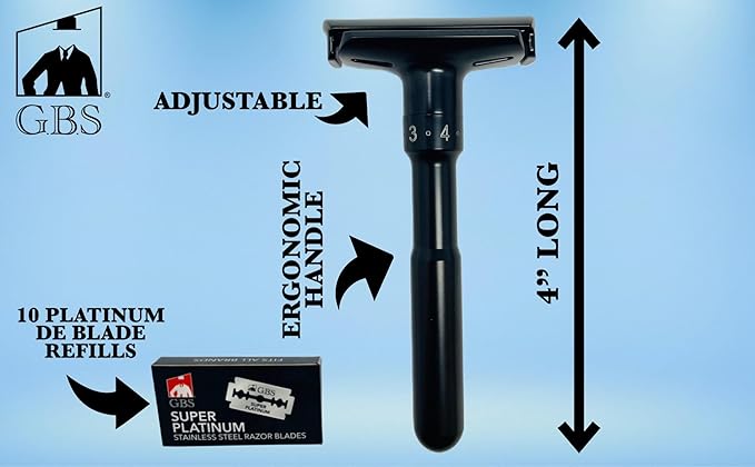 G.B.S Black Adjustable Men's Double Edge Safety Razor and 10 G.B.S Platinum Blade Refills