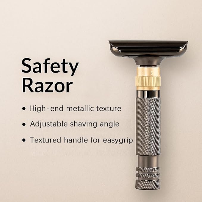 Luxurious and beautifully adjustable double-edged safety razor with 10 platinum-plated stainless steel razor blades, reusable razor kit, eco-friendly, smooth close shave (Glossy Black + Base)