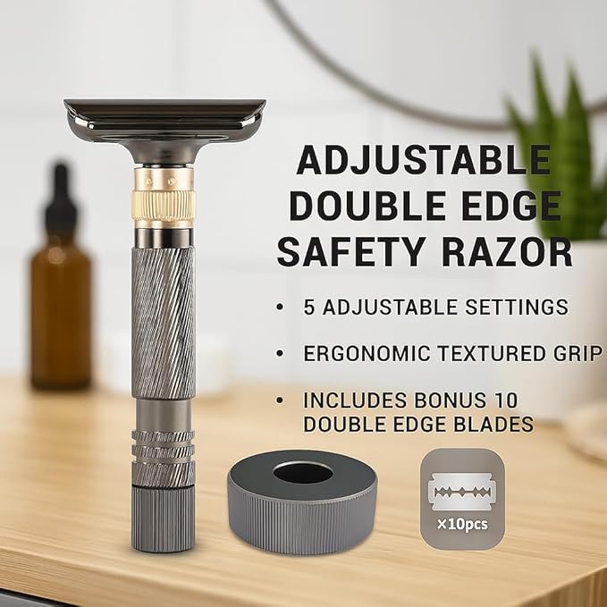Luxurious and beautifully adjustable double-edged safety razor with 10 platinum-plated stainless steel razor blades, reusable razor kit, eco-friendly, smooth close shave (Glossy Black)