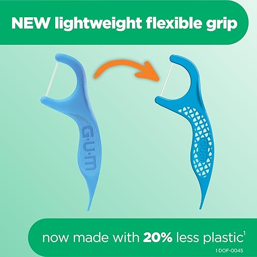 GUM Advanced Care Floss Picks - Dental Flossers for Adults with Vitamin E and Fluoride - Extra Strong Shred-Resistant Dental Floss, Easy Grip Handle, Fresh Mint Flavor, 150 Count