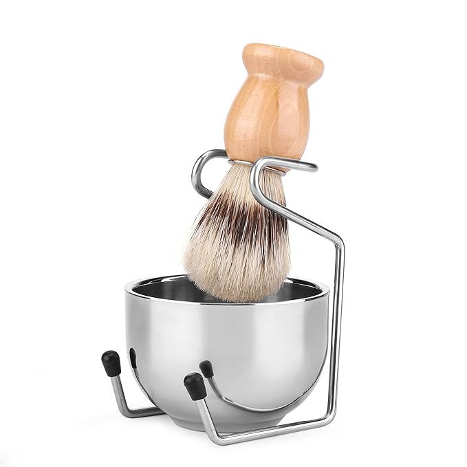 Aethland Shaving Brush Set for Men, 4 in1 Include 100g Shaving soap, Badger Shaving Brush and Stainless Steel Shaving Stand & Shaving Bowl for Husband Birthday Boyfriend Father's Day Gifts（Upgrade W)