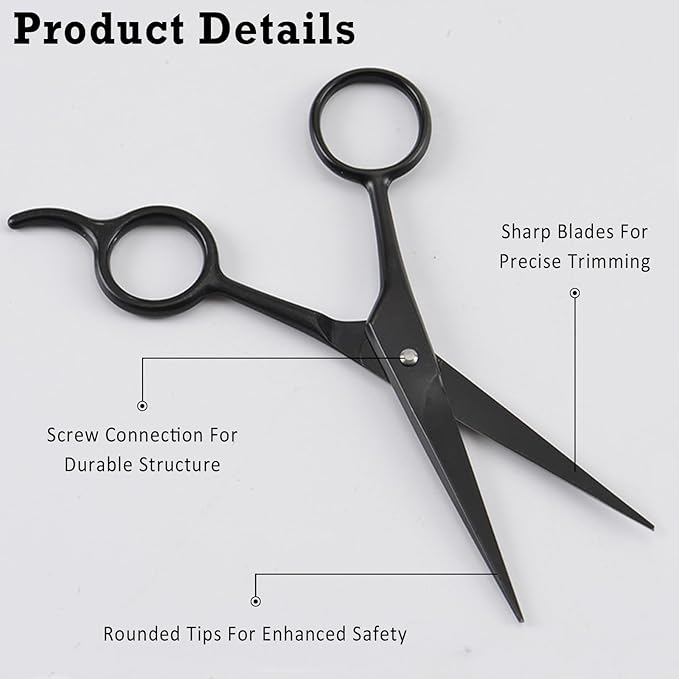 Sharp Stainless Steel Shears - Black - Professional Beard & Mustache Scissors for Precise Trimming of Facial Hair, Eyebrows, and Mustache