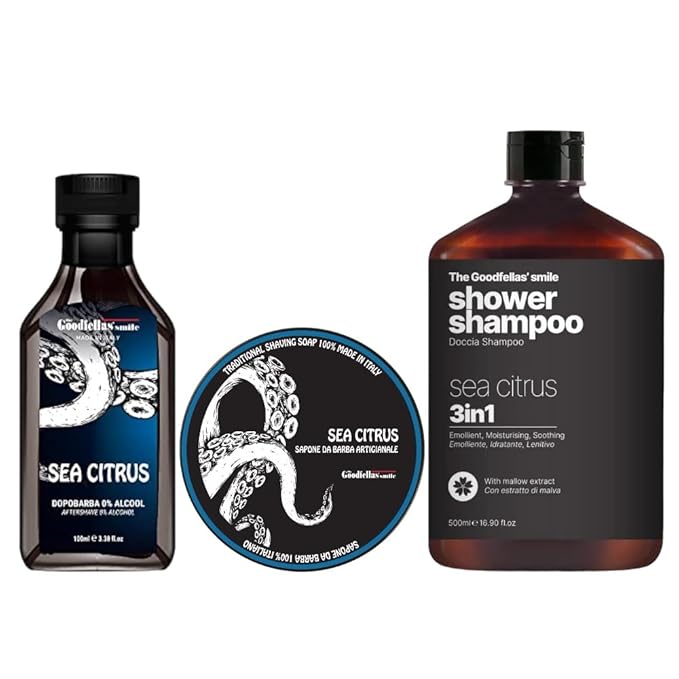 The Goodfellas' smile, SEA CITRUS Shave Soap, 3 in 1 Shampoo, and Aftershave Splash Bundle, Made in Italy