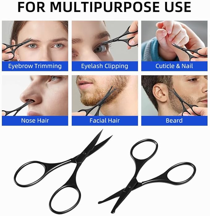 Facial Hair Small Grooming Scissors Set For Men Women Eyebrow Nose Hair Mustache Beard Eyelashes Trimming Kit Curved and Rounded Safety Tip 2PCS