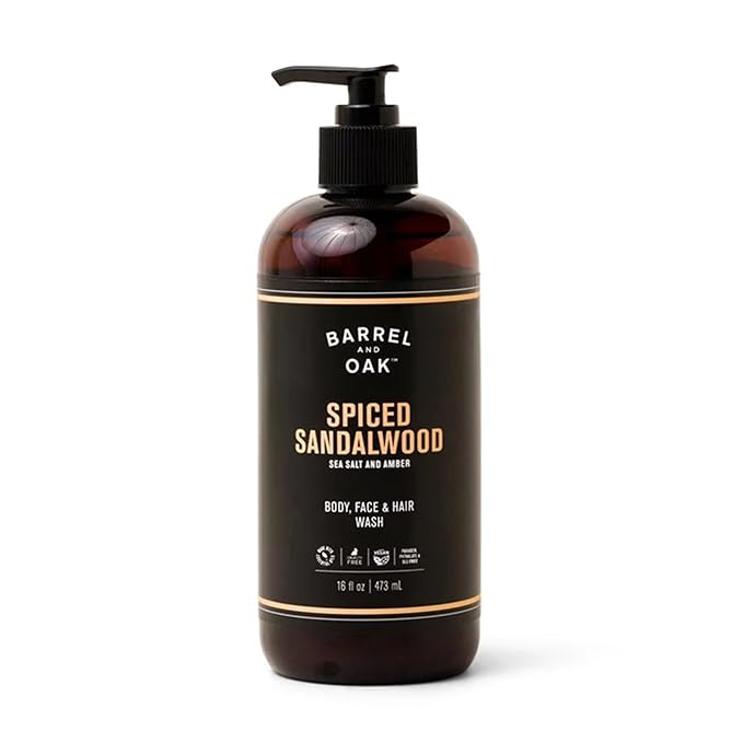 Barrel & Oak All-in-One Wash for Face, Hair, & Body, Vegan & Hydrating Face, Shampoo and Body Wash for Men, Grooming Kit Gifts for Men, Spiced Sandalwood, 16 oz