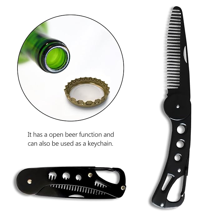 Stainless Steel Folding Beard Comb - Portable Multifunction Anti Static Comb with Leather Cover for Men Grooming, Combing Hair, and Mustache Styling
