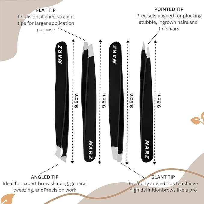 NARZ 4Pcs Professional Tweezers for Women Facial Hair Stainless Steel Precision Tweezers for Ingrown Hair Eyebrow Tweezer for Men & Women (Black Set)