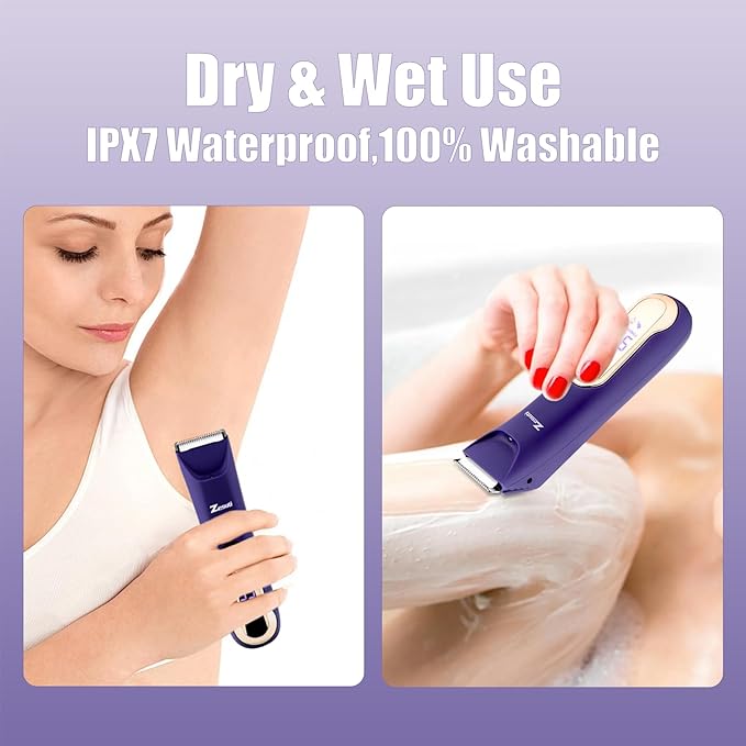 Bikini Trimmer for Women,Electric Razors for Women & LED Display,Wet/Dry Pubic Body Hair Trimmer,IPX7 Waterproof-Easy Cleaning Body Shaver Bikini Razor,Ceramic Blade,Women's Gifts,Purple