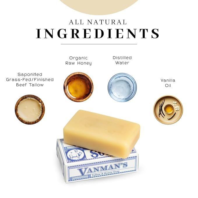 VanMan Beef Tallow and Honey Bar Soap – Pure Grass-Fed Beef Tallow for Skin with Organic Madagascar Vanilla Beans, Raw Honey & Distilled Water, Hydrating & Nourishing, Vanilla Scent, 3.8oz - 2 Pack