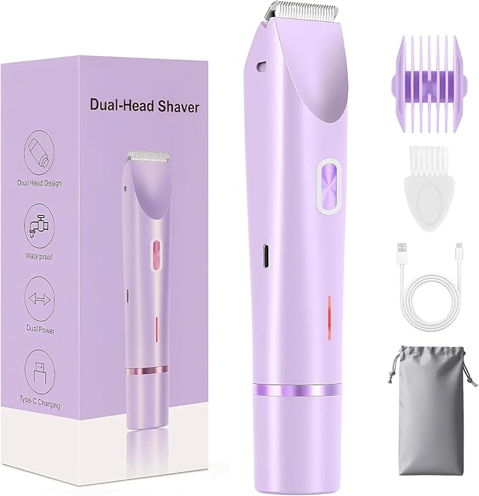 Bikini Trimmer for Women, 2-in-1 Dual Head Shaver Women, IPX7 Waterproof Gentle Electric Razors for Sensitive Areas, Cordless Hair Removal for Shower & Travel, Holiday Gift (Purple)