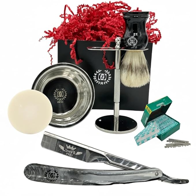 Men's Classic Shaving Grooming Set | Barber Razor Kit with Stainless Steel Stand, Shaving Bowl, Natural Shave Brush & 100 Blades for Smooth Shave Gift for Him