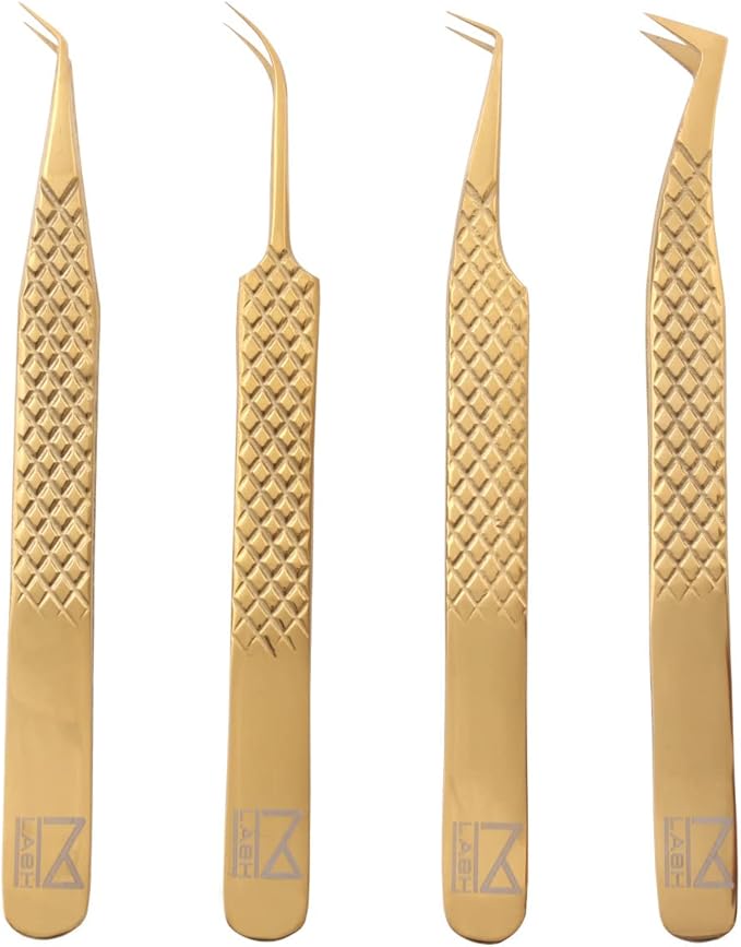M LASH Tweezers for Eyelash Extensions (Set of 4) - Professional Lash Extension Tweezers - Fiber Tip, Japanese Steel, Diamond Grip Eyelash Extension Tweezer set (Gold)