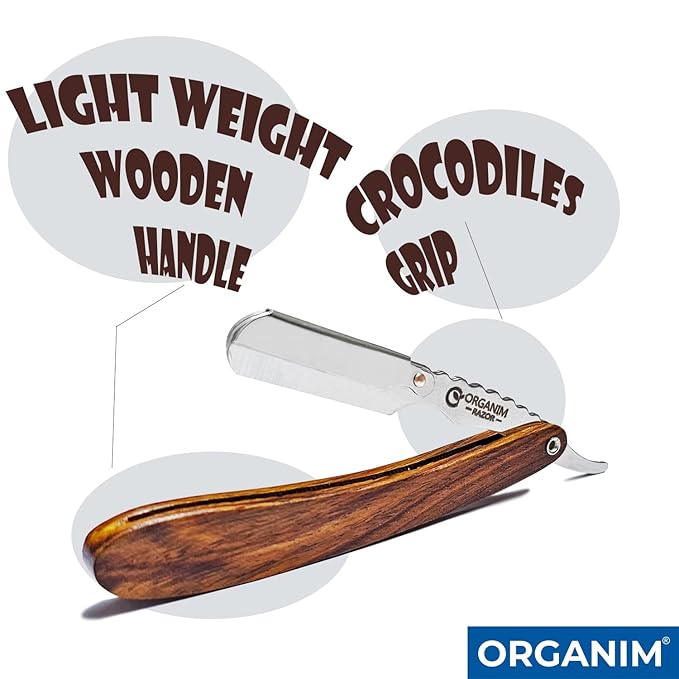 ORGANIM -Stainless Steel Barber Shavette with Handcrafted Wooden Handle - Secure Clip-Type Blade Holder for Precise Grooming Professional Straight Razor for Men(Blades Not Included)