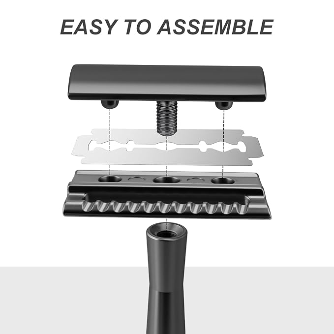 Safety Razor with Stand for Men & Women - Double Edge Single Blade Razor, One Blade Razor with 10 Blades & Metal Stand - Reusable Mens & Womens Shaving Razor (Complete Kit)-Black