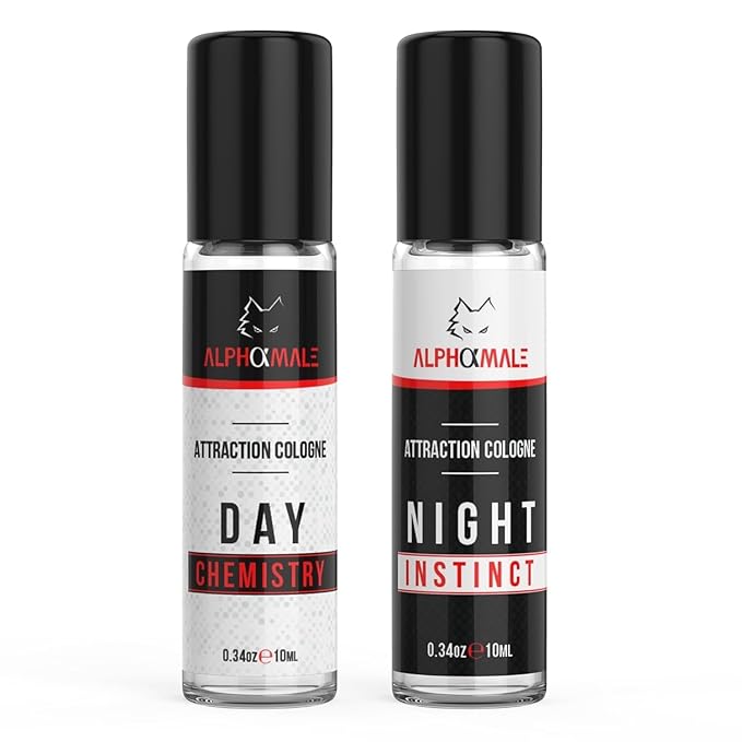AlphaMale Day and Night Pheromone Infused Cologne for Men 2 Pack – Fresh Day & Musk Leather Night Fragrance – Pheromone Fragrance Roll-On – Long Lasting Scent – Travel Size 0.34 Oz Each