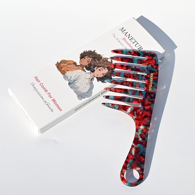 D1 | wide tooth comb 7.4"for easy portability. Suitable for Women's/girl curly, curly and tight hair, the short handle design is easy to carry. Acetate comb (RED B)