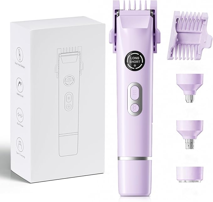 Bikini Trimmer for Women, 4 in 1 Wet/Dry Electric Razors for Women - Dual Head, Painless Rechargeable Portable Womens Razors for Shaving Set for Face, Nose, Eyebrows, Armpits, Bikini Area (Purple)