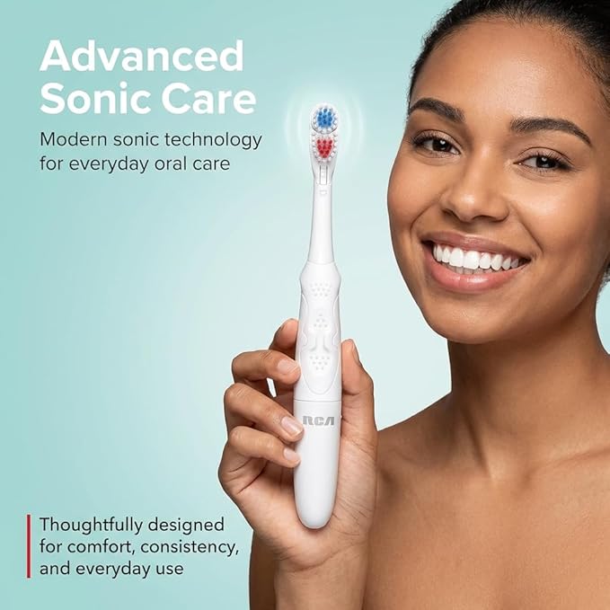 RCA Sonic Revolution Electric Toothbrush for Adults – Battery Powered Sonic Toothbrush with High-Frequency Vibration, Spin Brush Action, Soft Bristles & Extra Brush Heads
