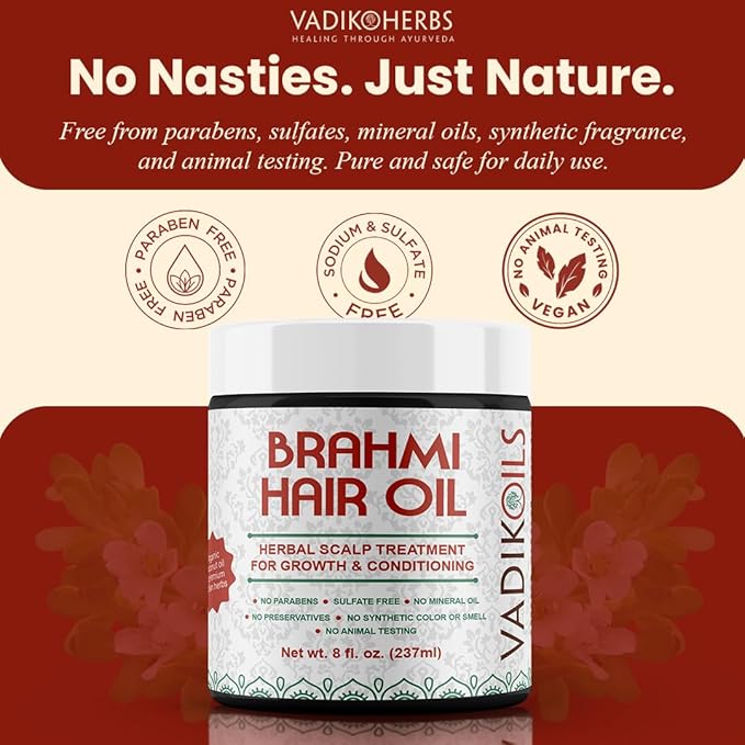 Vadik Herbs Brahmi Hair Oil (8 oz) All natural herbal hair oil for hair growth, hair conditioning, dandruff and dry scalp with Rosemary Oil | Herbal scalp treatment