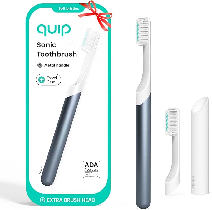 Quip Metal Sonic Electric Toothbrush for Adults - Time Travel & Soft Bristles with Travel Case & Replacement Brush Head - 3 Month Battery Life - Twilight Faded Blue