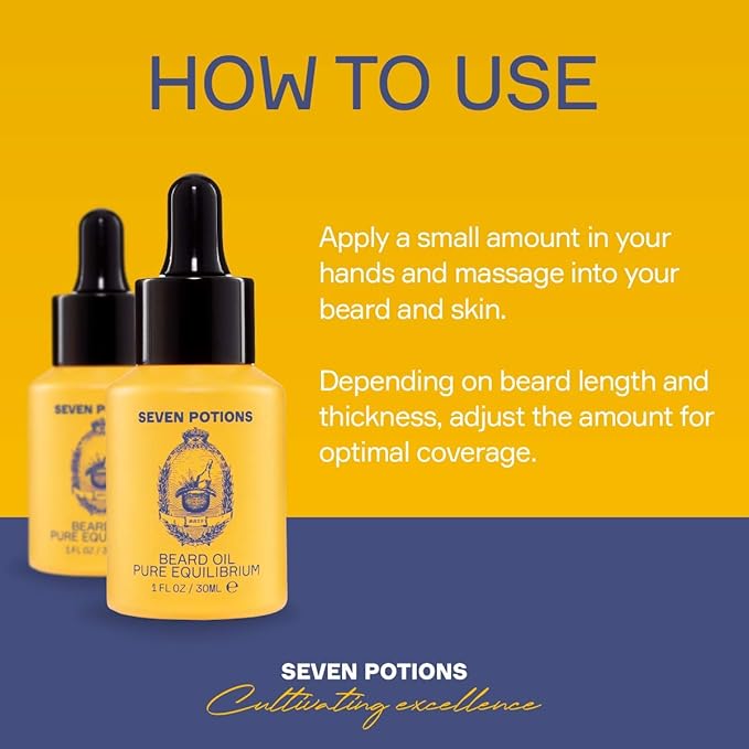 SEVEN POTIONS Natural Beard Oil for Men 1 FL OZ / 30ml — Fragrance Free & Unscented Beard Softener & Conditioner — Vegan Conditioning Oil That Helps Prevent Itch & Dandruff (Pure Equilibrium)