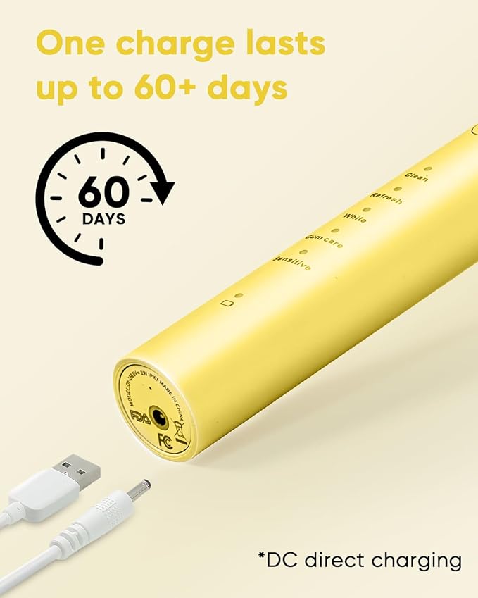 MySmile DY156 Electric Toothbrush for Adults, Rechargeable Sonic Battery Toothbrush Portable with 3 Brush Heads, 2 Mins 5 Modes Smart Timer, 45000VPM, One Charge for 60 Days - Yellow