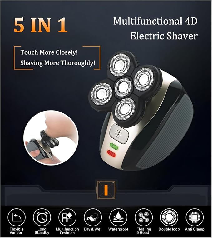 Five in one Razor USB Charging Cable, Instruction Manual, Cleaning Brush, Silicone Head, Barber Head, face wash Head, Nose Hair Device, Shaver 5 Knife Head, Limit Comb