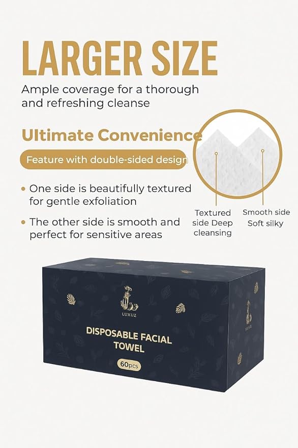Disposable Facial Towels – Ultra Soft Biodegradable Dry Face Wipes for Sensitive Skin, Lint-Free Cleansing & Makeup Removal Towels for Daily Skincare Routine, 60 Count