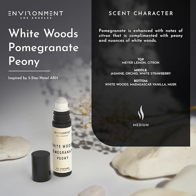 ENVIRONMENT Inspired by 5-Star Resort ARH 10ml Roll-on Perfume (White Woods | Pomegranate | Peony) Body Oil Fragrance, Roll On Oil, Body Fragrance for Women & Men, Luxury Scents, Vegan & Cruelty-Free