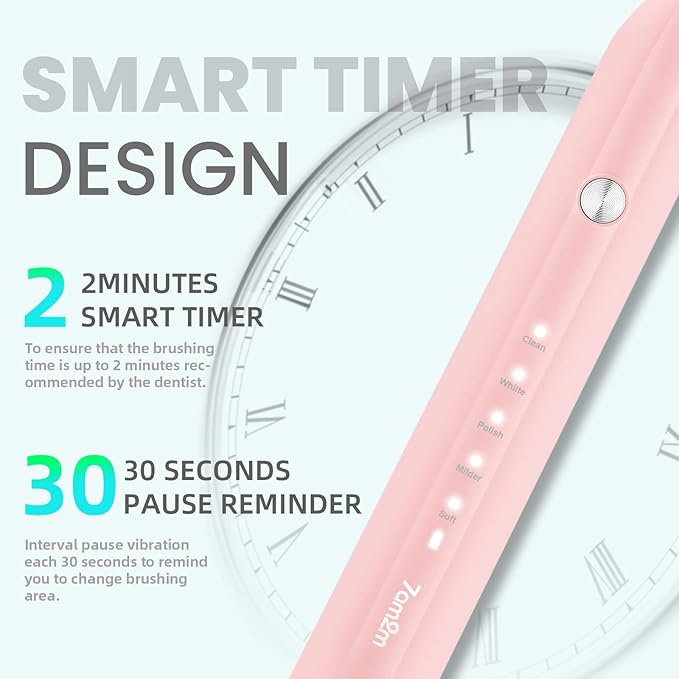 7AM2M Sonic Electric Toothbrush for Adults and Kids, 40000 VPM High-Powered with 4 Brush Heads & 5 Modes, One Charge for 90 Days, 2 Minutes Built-in Smart Timer, Rechargeable Toothbrushes, Pink
