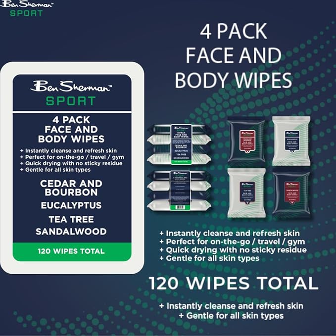 Ben Sherman Men's Face Wipes - 4 Pack (120 Total) Cleansing Wipes for Men with Cedar & Bourban, Eucalyptus, Tea Tree & Sandalwood
