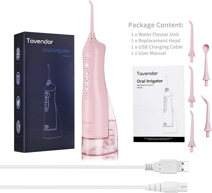 TOVENDOR Electric Water Dental Flosser Teeth Pick, Cordless Flossers Oral Irrigator IPX7 Waterproof 300ML Rechargeable Travel Water Teeth Cleaner with 5 Tips for Home Braces Care Gums Deep Cleaning