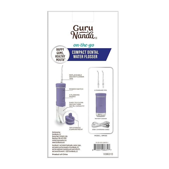 GuruNanda Compact Water Dental Flosser, Portable Travel Size Oral Irrigator Flosser with Collapsible 180 ml Tank, Smart Timer, 4 Flossing Modes, TSA-Friendly - Lavender