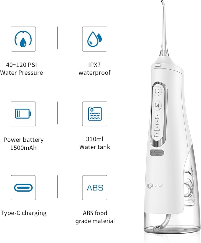 Cordless Dental Water Flosser for Teeth, Gums & Braces - Electric Oral Irrigator 310ML, 4 Modes, Rechargeable, 4 Jet Tips, Smart Memory, 360° Nozzle, IPX7 Waterproof & Low Noise (M209 - White)
