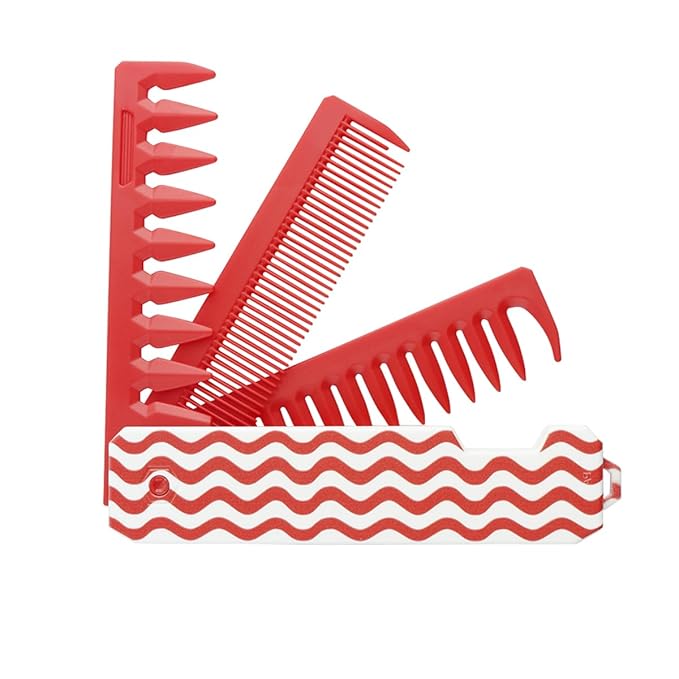 Protable Folding Hair Comb for Men, 3 in 1 Pocket Combs - Fine Tooth Comb, Styling for Everyday Grooming & Combing Hair, Beards and Mustaches (Red)
