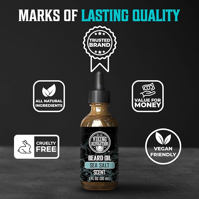 Viking Revolution Sea Salt Beard Oil for Men - Natural Mens Beard Oil with Argan Oil and Jojoba Oil - Beard Softener, Strengthens and Moisturizes - Beard Conditioner for Men (Sea Salt, 1 Pack)