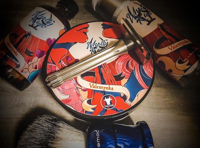 Valentynka Tallow Shaving Soap. Enriched with Donkey Milk, Water Buffalo Milk, Whey Proteins, Omega 3, Omega 6, Hops Extract. Canadian Fir, Leather, Orange, Jasmine, Sugar, Amber, Saffron, Cedarwood