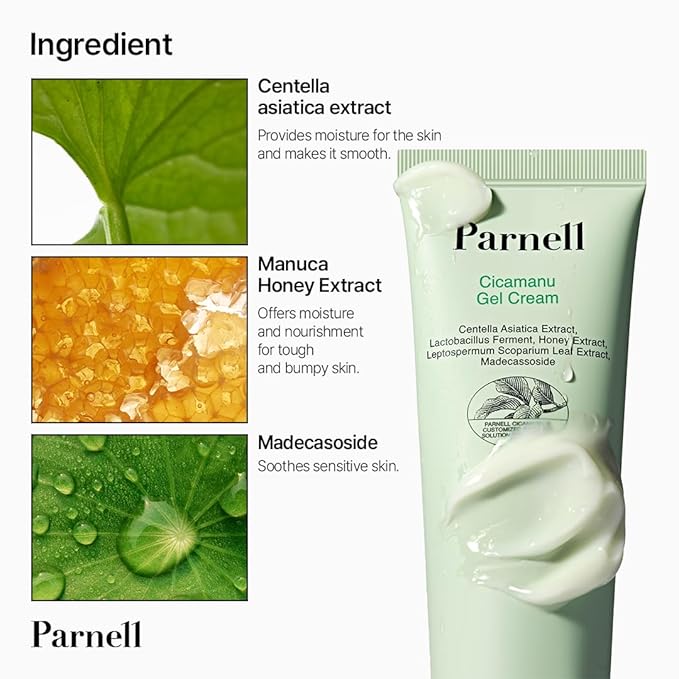Parnell Cicamanu Gel Cream, Manuka Honey & Cica Moisturizer for Sensitive Skin. Hyaluronic Acid Soothing Face Cream (2.53 Fl Oz / 75ml)