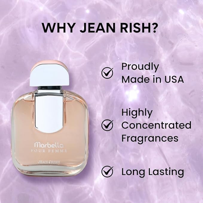 Jean Rish Marbella, Eau De Parfum for Women, (3.4 Fl Oz / 100ml) with Pear-Jasmine-Vanilla, Long Lasting and Luxury Fragrance, Made in USA